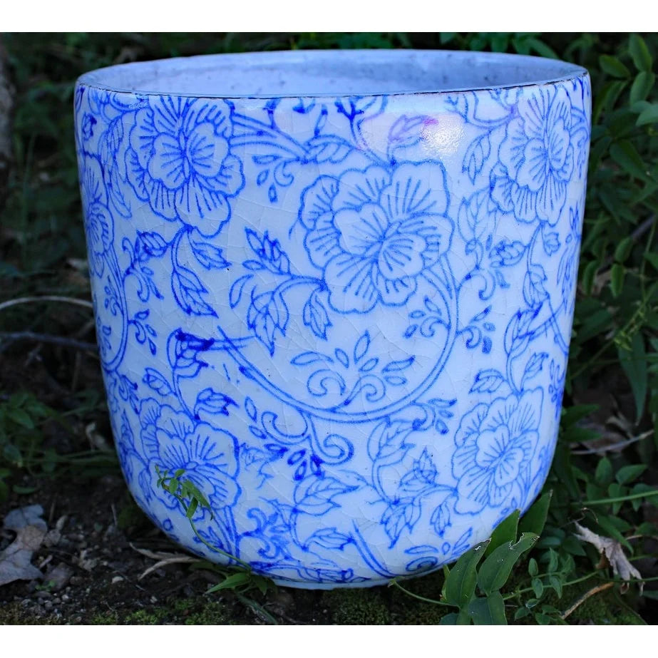 Ceramic Blue and White Cylindrical planters, 2 Prints