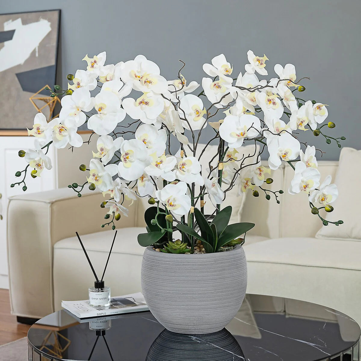 9 Stems Nearly Natural White Phalaenopsis Orchids with Succulents in White Magnesium Oxide Pot - 36.22" H x 35.43" W x 35.43" D