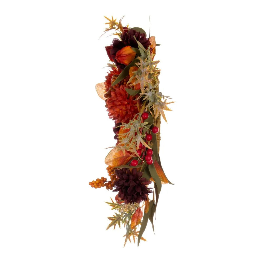 Vickerman 14" Orange and Burgundy Artificial Mixed Mum, Chinese Lantern, and Berry Wreath Candle Ring.