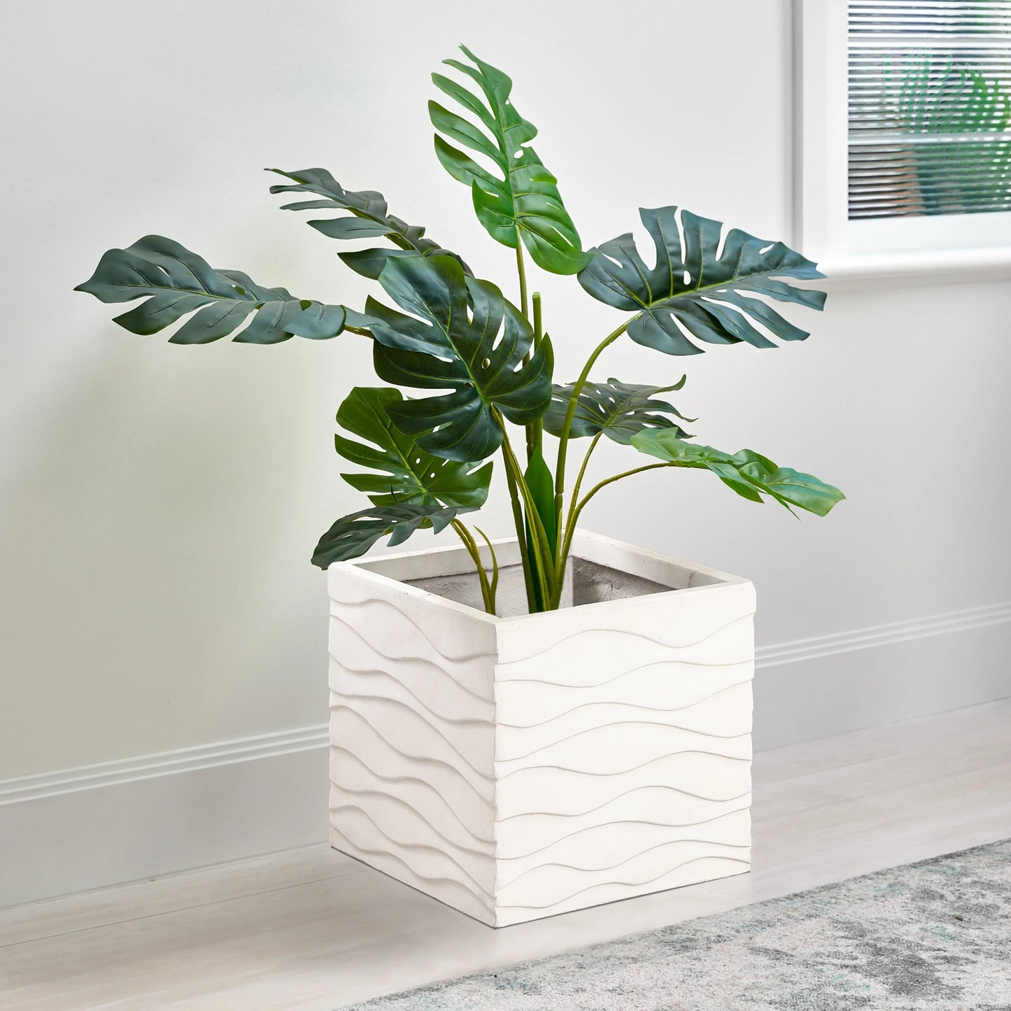 White Waves Square MgO Planter, Indoor & Outdoor - 13.98" H x 14.17" W x 14.17" D