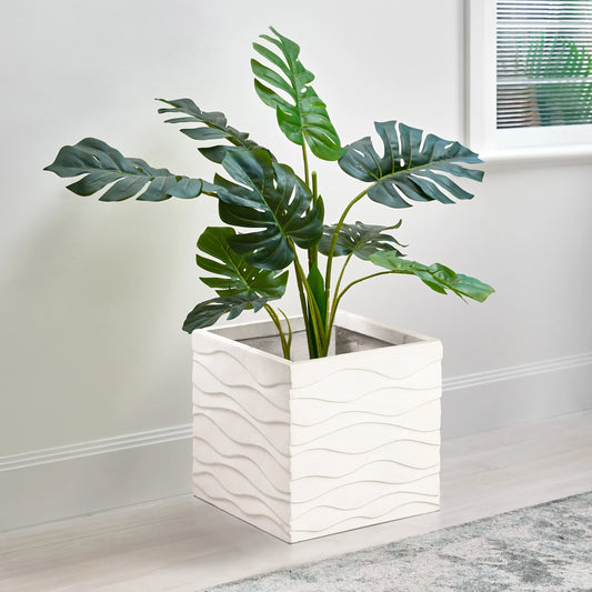 White Waves Square MgO Planter, Indoor & Outdoor - 13.98" H x 14.17" W x 14.17" D