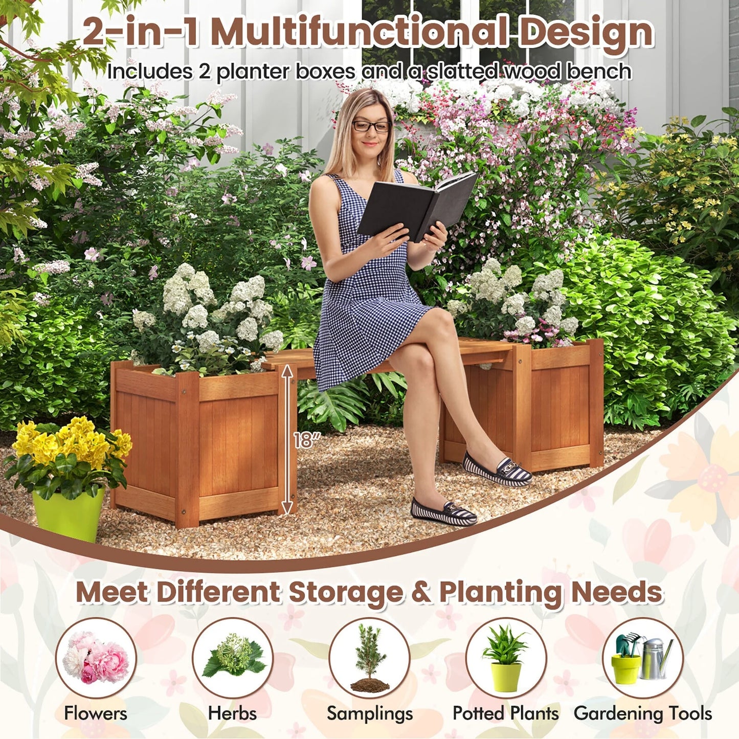 Gymax Wood Outdoor Planter Boxes w/ Detachable Bench 2 Elevated Mini