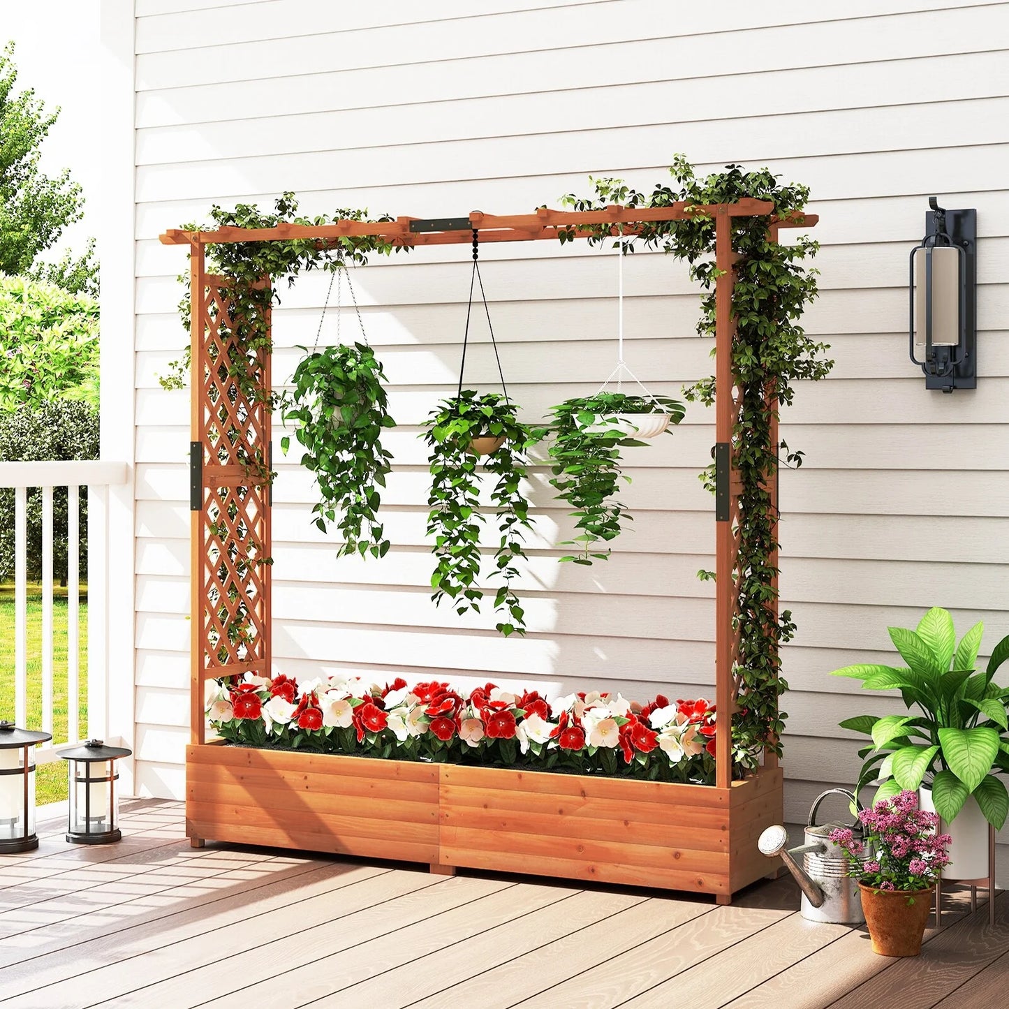 Tall Orange Raised Planter Bed with Climbing Trellis 77" Fir Wood Garden Box with Drainage - 77" x 17" x 72" (L x W x H)