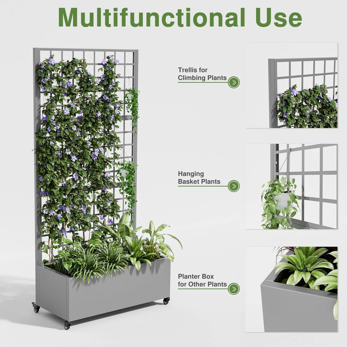 Movable Raised Garden Bed with Trellis and Lockable Wheels - 71*35