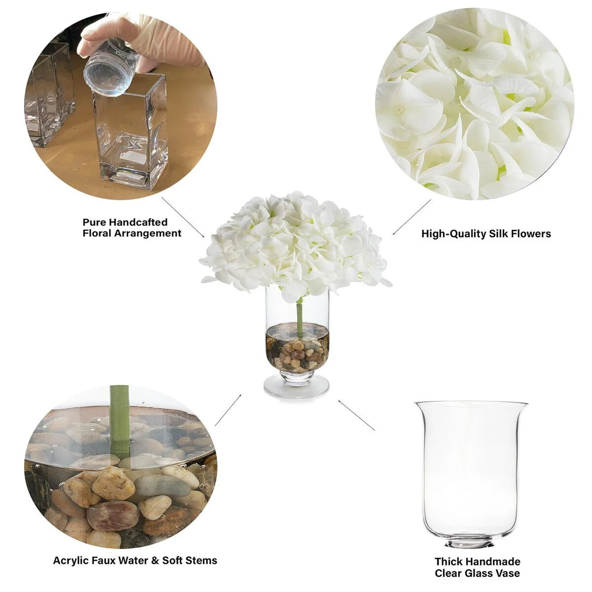Real Touch Hydrangea Flower in Clear Glass Vase with Acrylic Water for Home Office Wedding Decoration