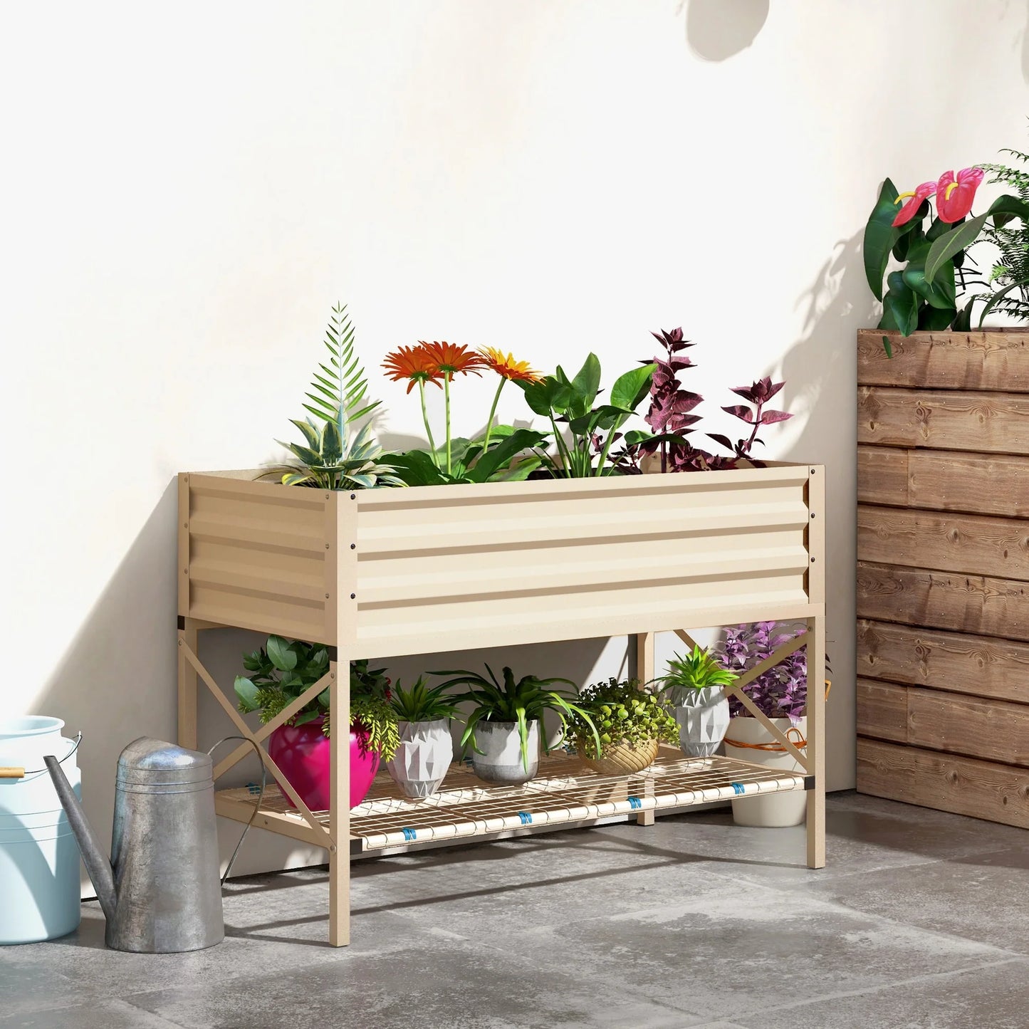 Outsunny Raised Garden Bed with Galvanized Steel Frame, Storage Shelf and Bed Liner, Elevated Planter Box