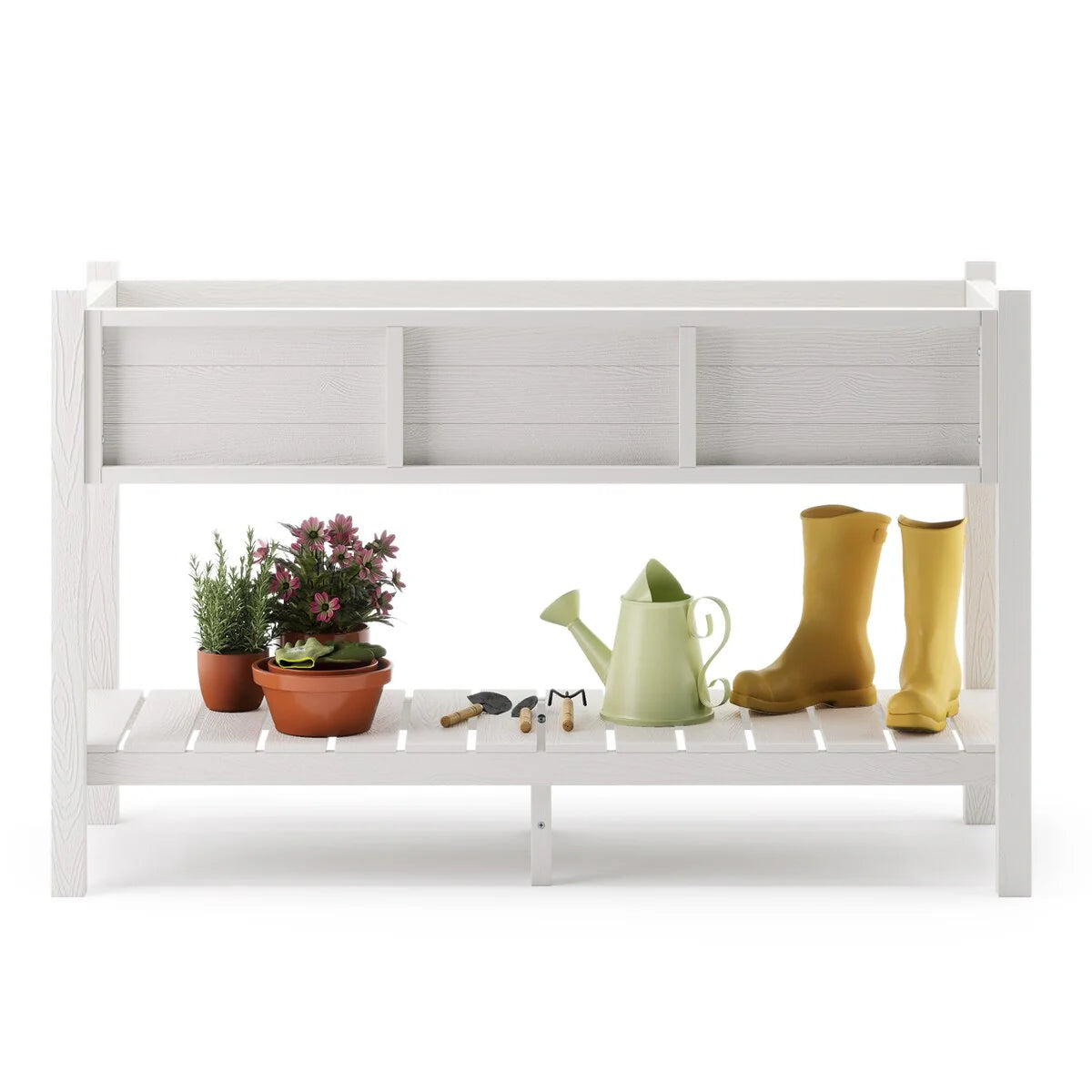 LUE BONA Patio Plastic Raised Elevated Garden Bed HDPS Planter Box Stand with Storage Shelf and Legs