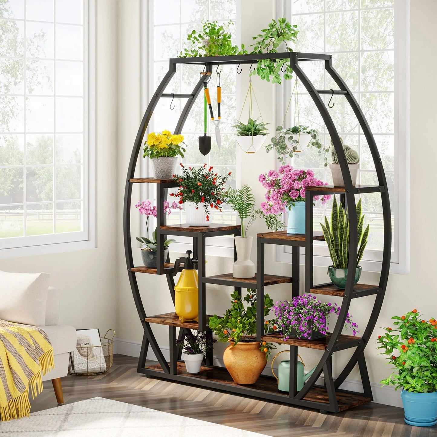 5-Tier Indoor Plant Stand, 69.69 Inches Tall Plant Shelf with 8 Hanging Hooks