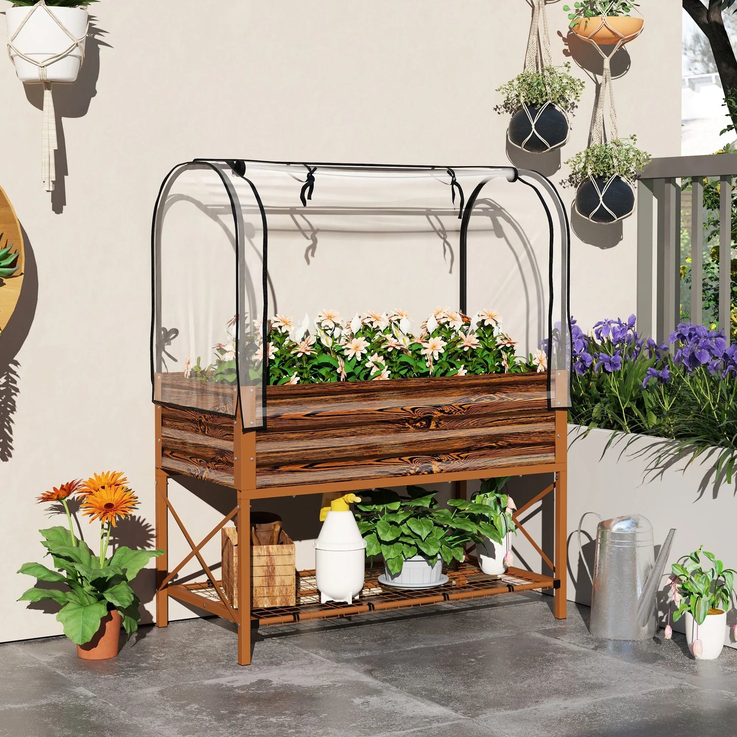 Outsunny Raised Garden Bed with Cover and Storage Shelf, Rectangular Metal Elevated Planter Box