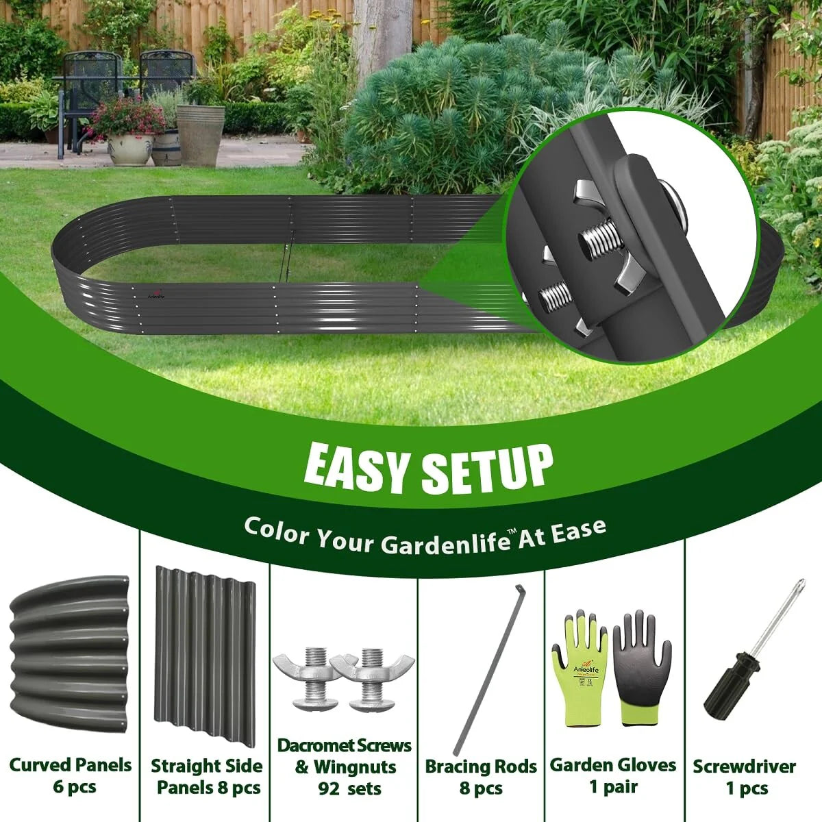 Outdoor 12 ft. x 3 ft. x 1.5 ft. Oval Extra Large Metal Anti-Rust Raised Garden Bed in Gray For Vegetables and Flowers