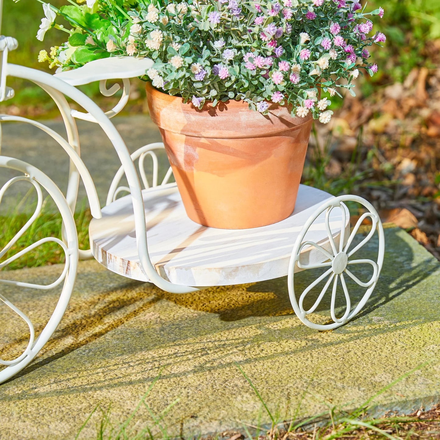 Glitzhome 24"L Spring Metal Tricycle Planter Stands Flower Pot Cart with Wood Trays