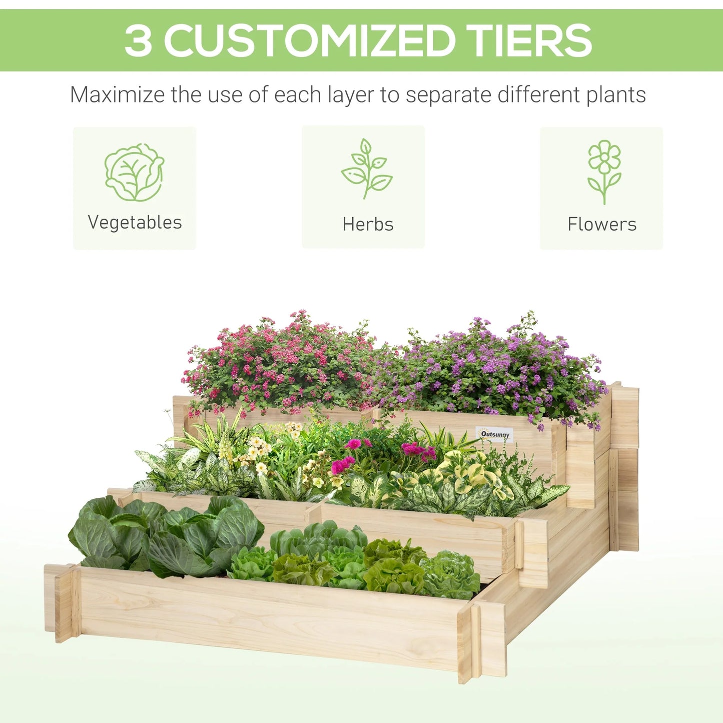 Outsunny 3-Tier Wood Raised Garden Bed with Non-woven Fabric inside, Elevated Planting Box, Outdoor Vegetable Flower Container