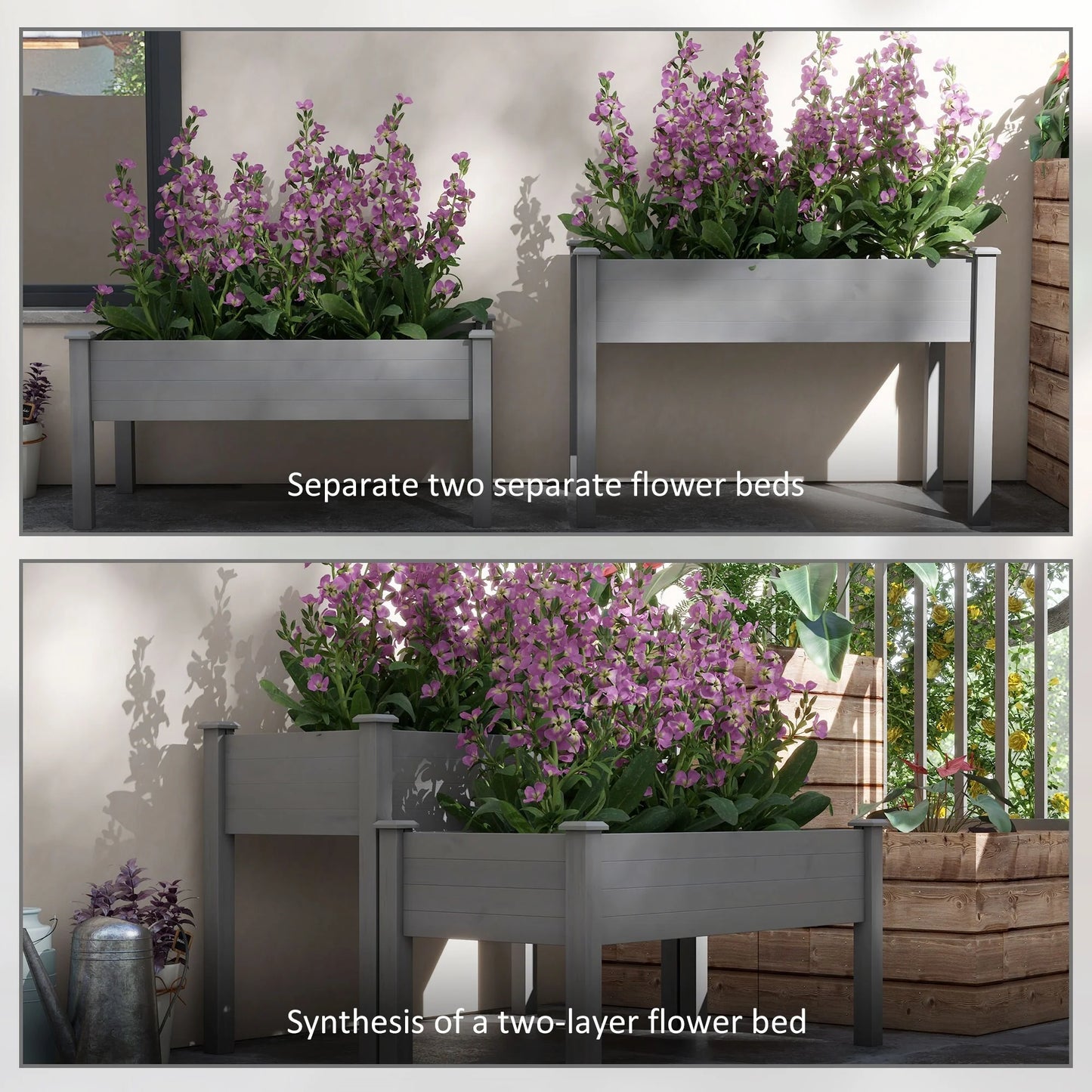 Outsunny 2 Tier Raised Garden Bed, Elevated Wooden 2 Box Planter , Gardening Grow Stand, Planting Bed for Flowers
