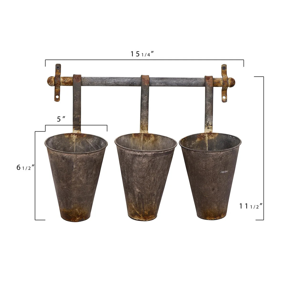 Antiqued Metal Wall Rack with 3 Hanging Tin Pots - Grey
