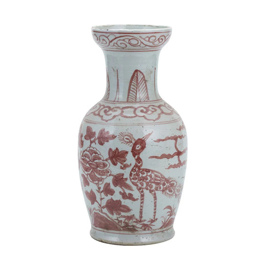Coral Red Bird Vase With Dish-shaped Mouth