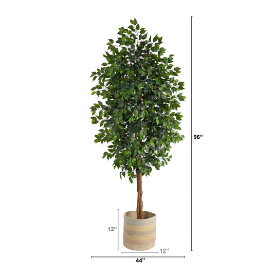 8' Ficus Artificial Tree with Handmade Natural Cotton Multicolored Woven Planter