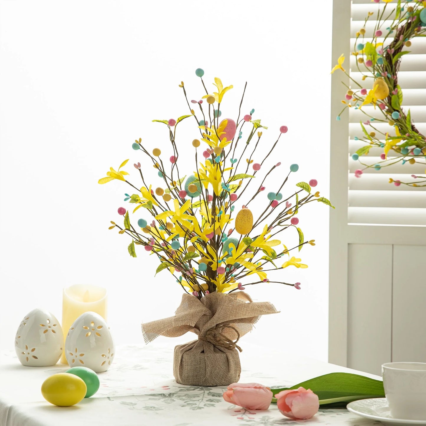 Glitzhome 18"H Easter Eggs Blossom Table Tree Spring Artificial Plants Centerpieces