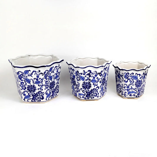 Euro Ceramica Blue and White Ceramic 3 Piece Chinoiserie Garden Planter Set - Set of 3