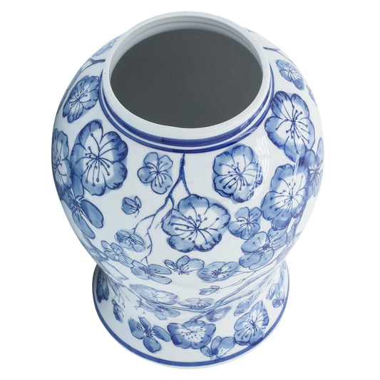 Sagebrook Home 14" Ceramic Temple Jar with Lid Contemporary Vintage Style Blue and White Chinoiserie Floral Design