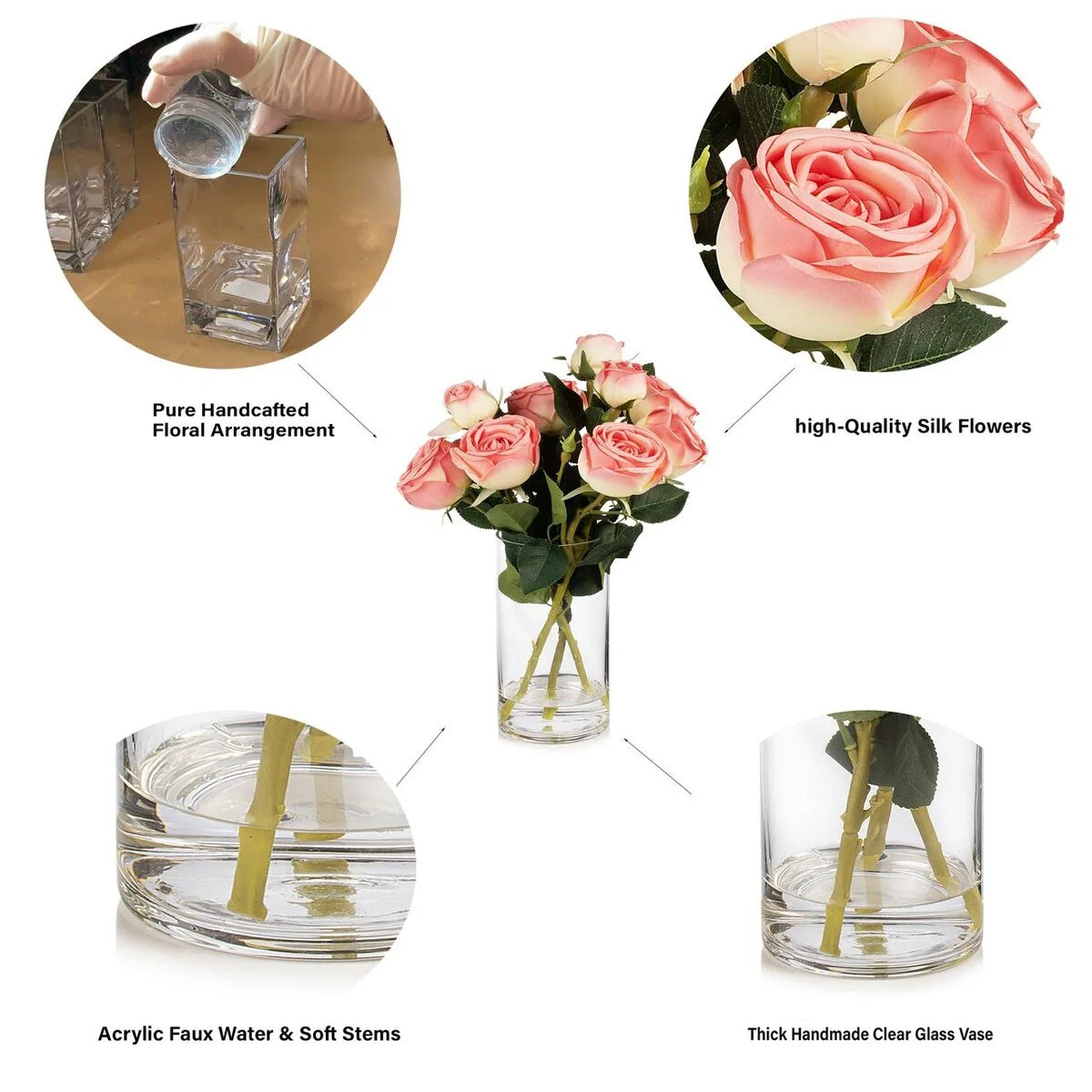 Enova Home Artificial Silk Rose Flowers in Clear Glass Vase with Faux Water for Home Office Wedding Decoration - N/A