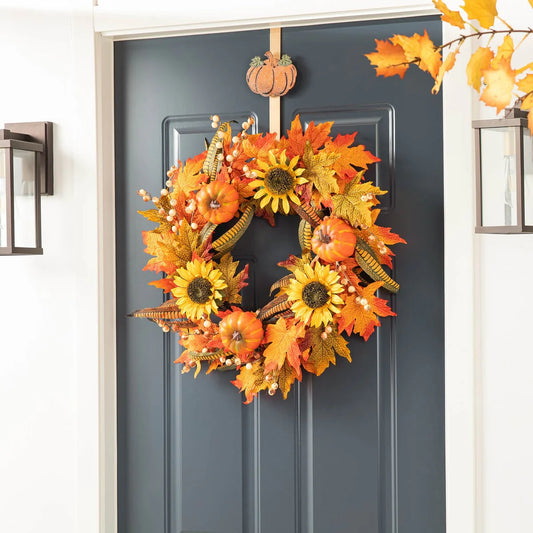 Glitzhome Set of 3 Fall Metal Glitter Acorn Leaf Pumpkin Wreath Hangers for Thanksgiving