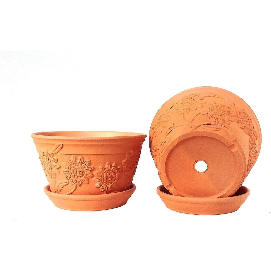 Set of 2 Sunflower Terracotta Garden Pot with Individual Tray, 2 SIZES