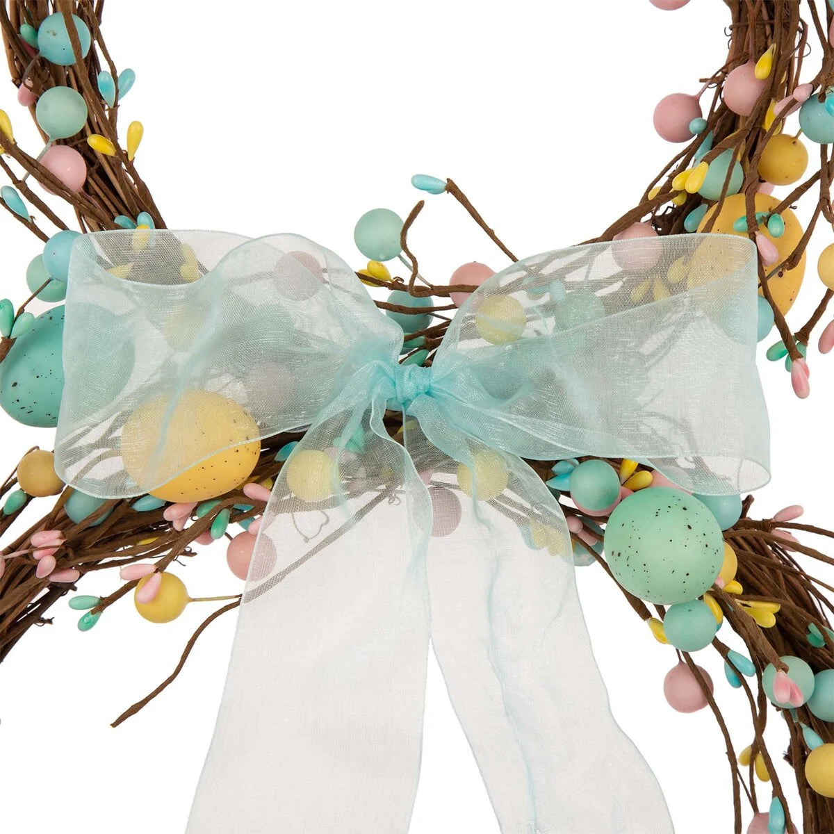 Glitzhome 24.5"H Easter Spring Bunny Shaped Eggs Wreath with Satin Ribbon Bow for Front Door Wall Decor