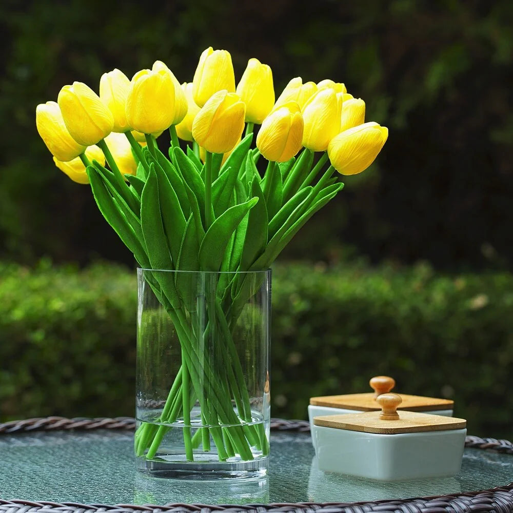 Enova Home 20 Pieces Artificial Real Touch Tulips Fake Silk Flowers Arrangement in Glass Vase with Faux Water for Home Decor