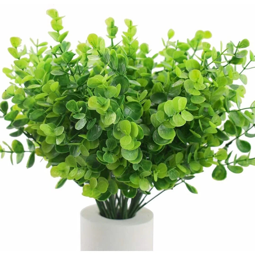 Enova Home 4 Pack Artificial Fake Green Plant Eucalyptus Plastic Leaves Grasses Bush for Home Table Office Outdoor Decoration