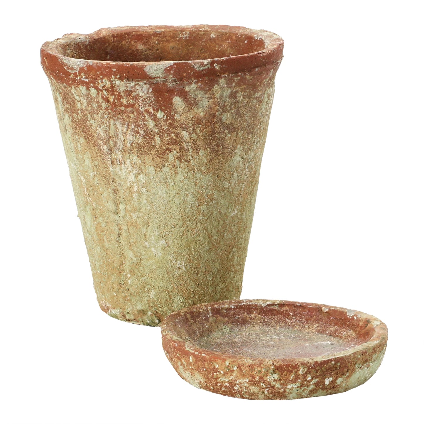 Cement Planter with Saucer, Distressed Terra-cotta Finish