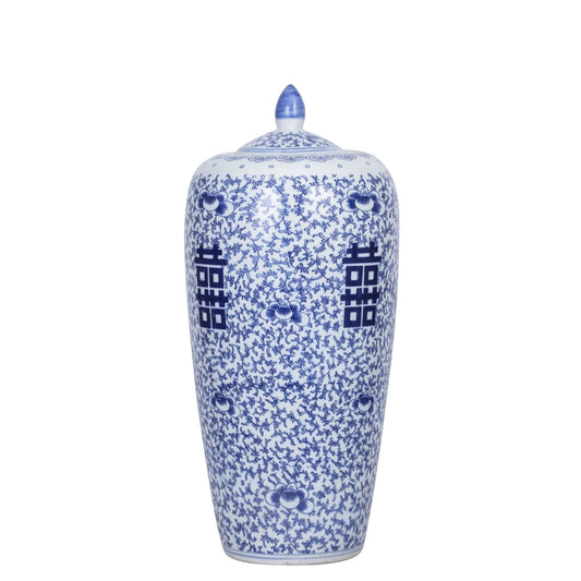 Blue and White Floral Double Happiness Tall Ginger Jar