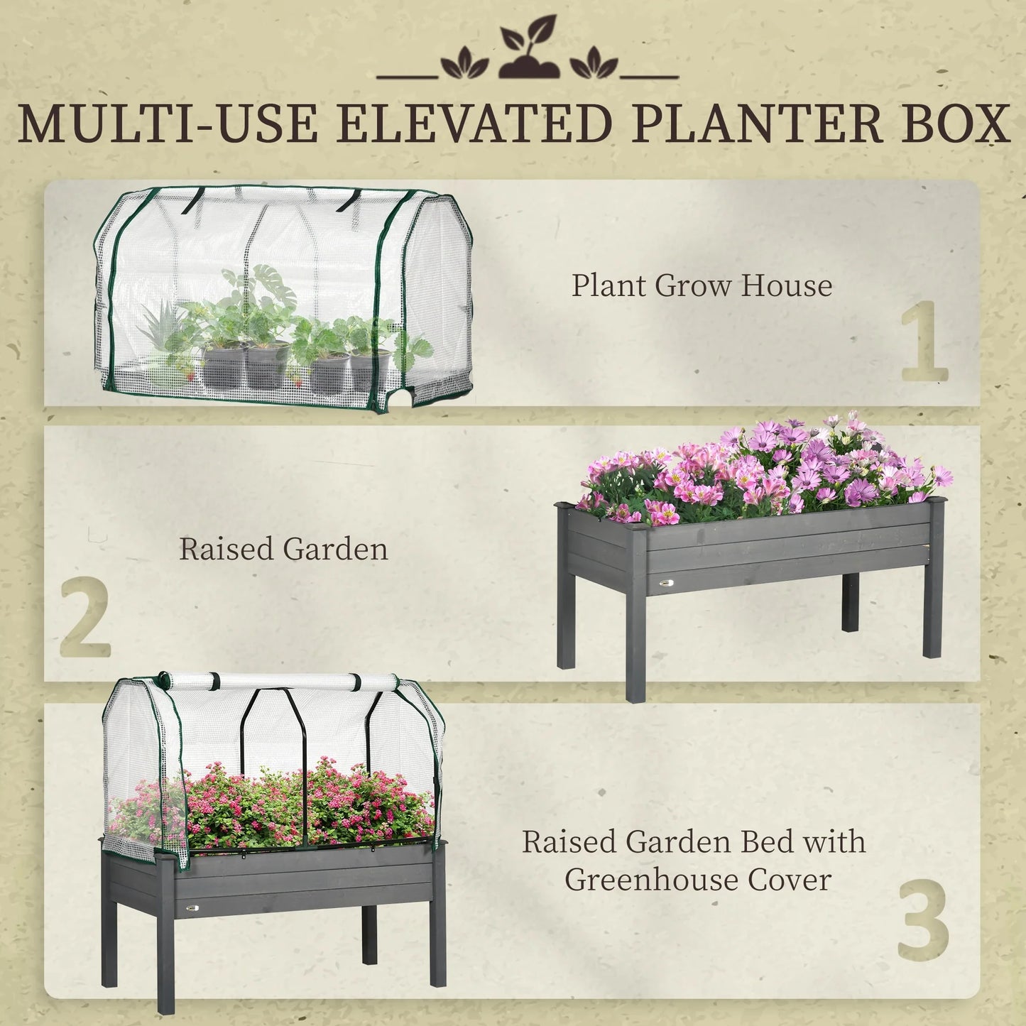 Outsunny Raised Garden Bed with PE Greenhouse Cover Outdoor Elevated Wood Planter Box for Herbs and Vegetables