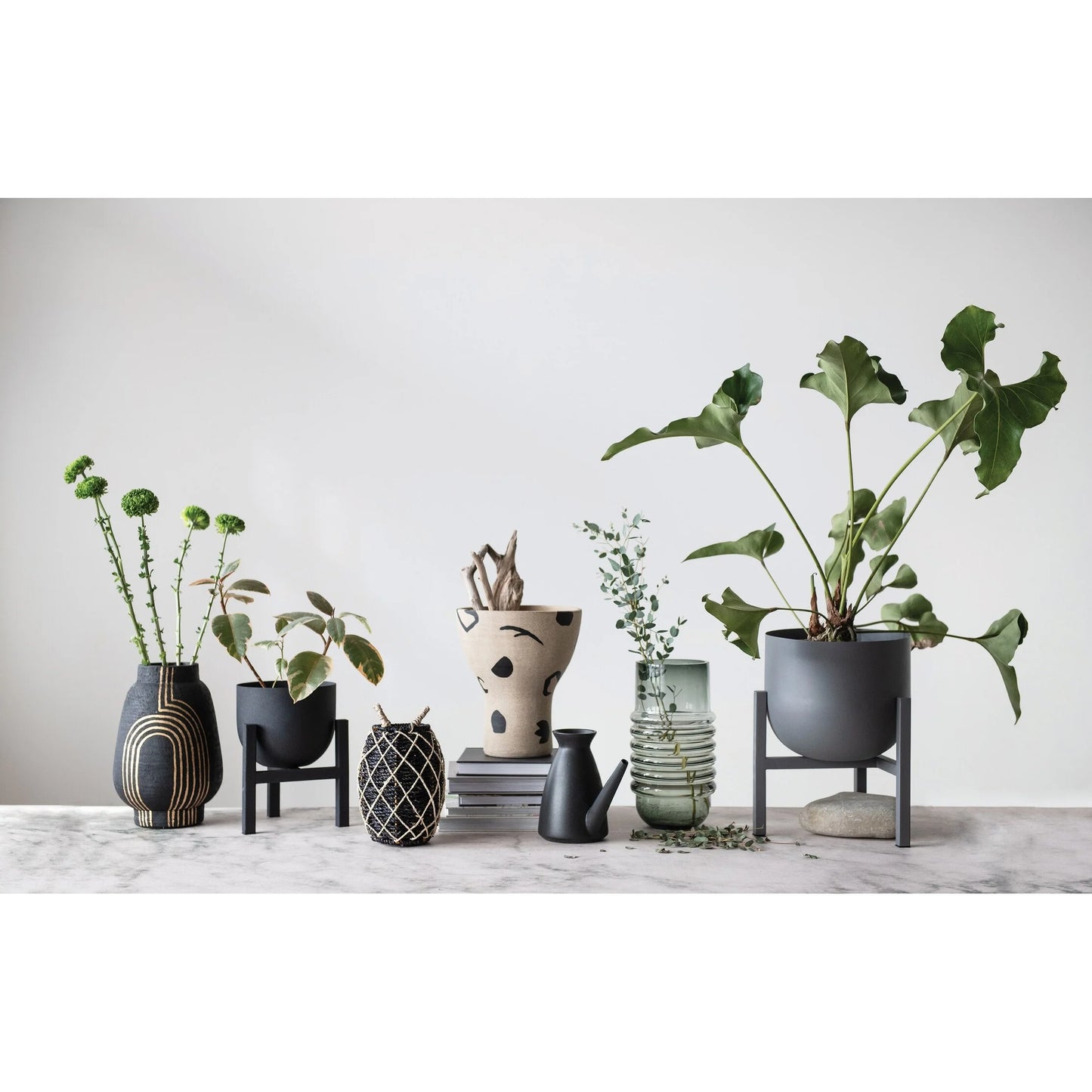 Textured Metal Planters Pots with Stands, Set of 2
