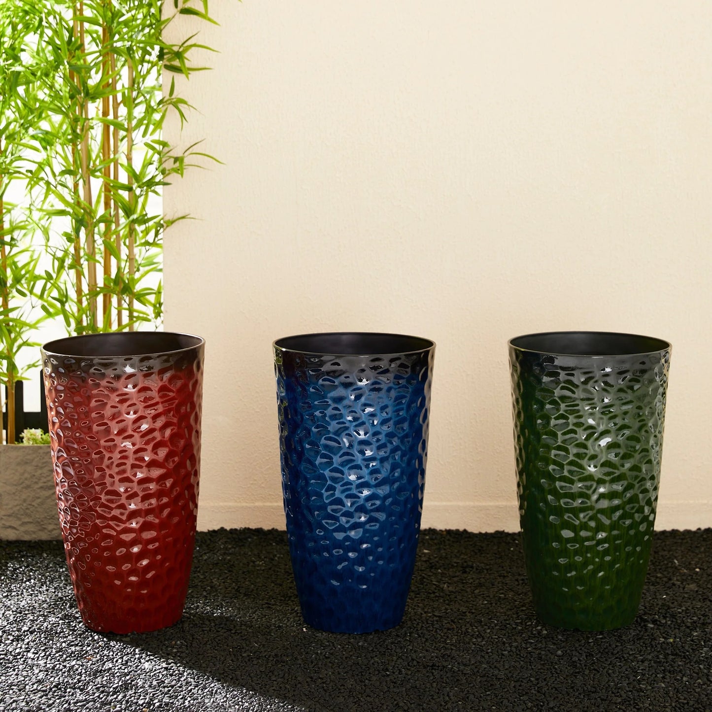 Glitzhome 23.75"H Set of 2 Oversized Eco-Friendly PP and Stone Honeycomb Textured Blue/Green/Red Tall Plastic Planter