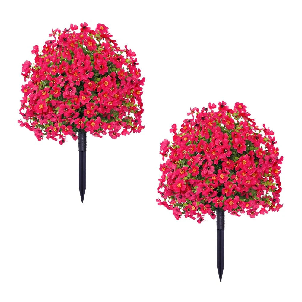 2FT Artificial Trees With Ground Spike 2 Pack, Weather-Resistant Faux Shrubs Bushes Potted Plants With Flowers Outdoor