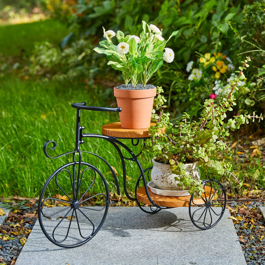 Glitzhome 24"L Spring Metal Tricycle Planter Stands Flower Pot Cart with Wood Trays