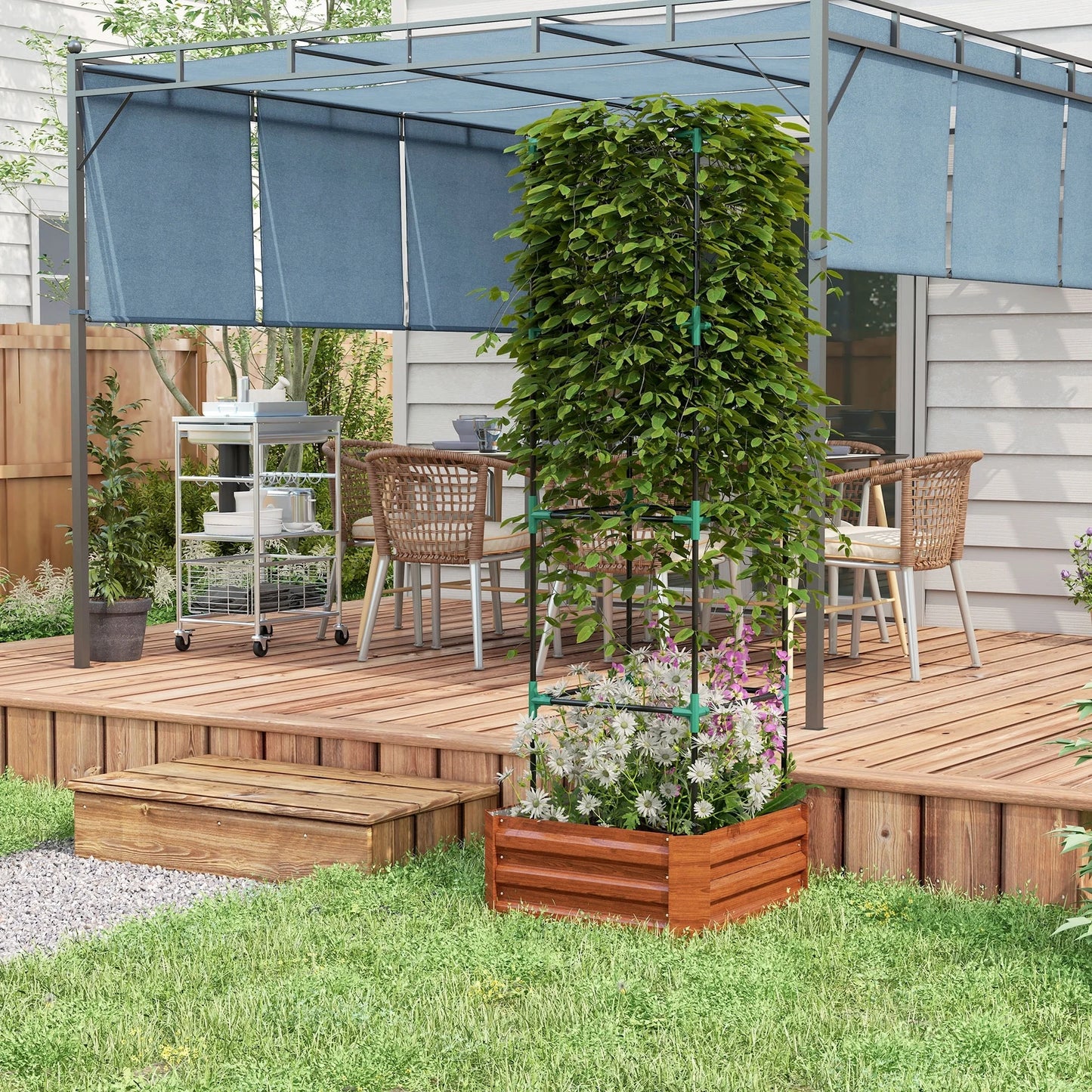 Outsunny Galvanized Raised Garden Bed, 24" x 24" x 11.75" Outdoor Planter Box with Trellis Tomato Cage and Open Bottom