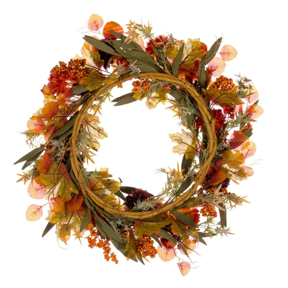 Vickerman 20" Orange and Burgundy Artificial Mixed Mum, Chinese Lantern, and Berry Wreath.