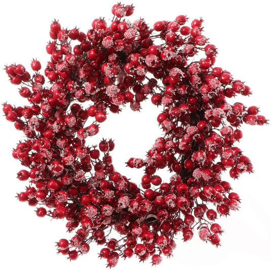 22" Red Frosted Berry Wreath | Iced Hawthorn Twig Door Décor