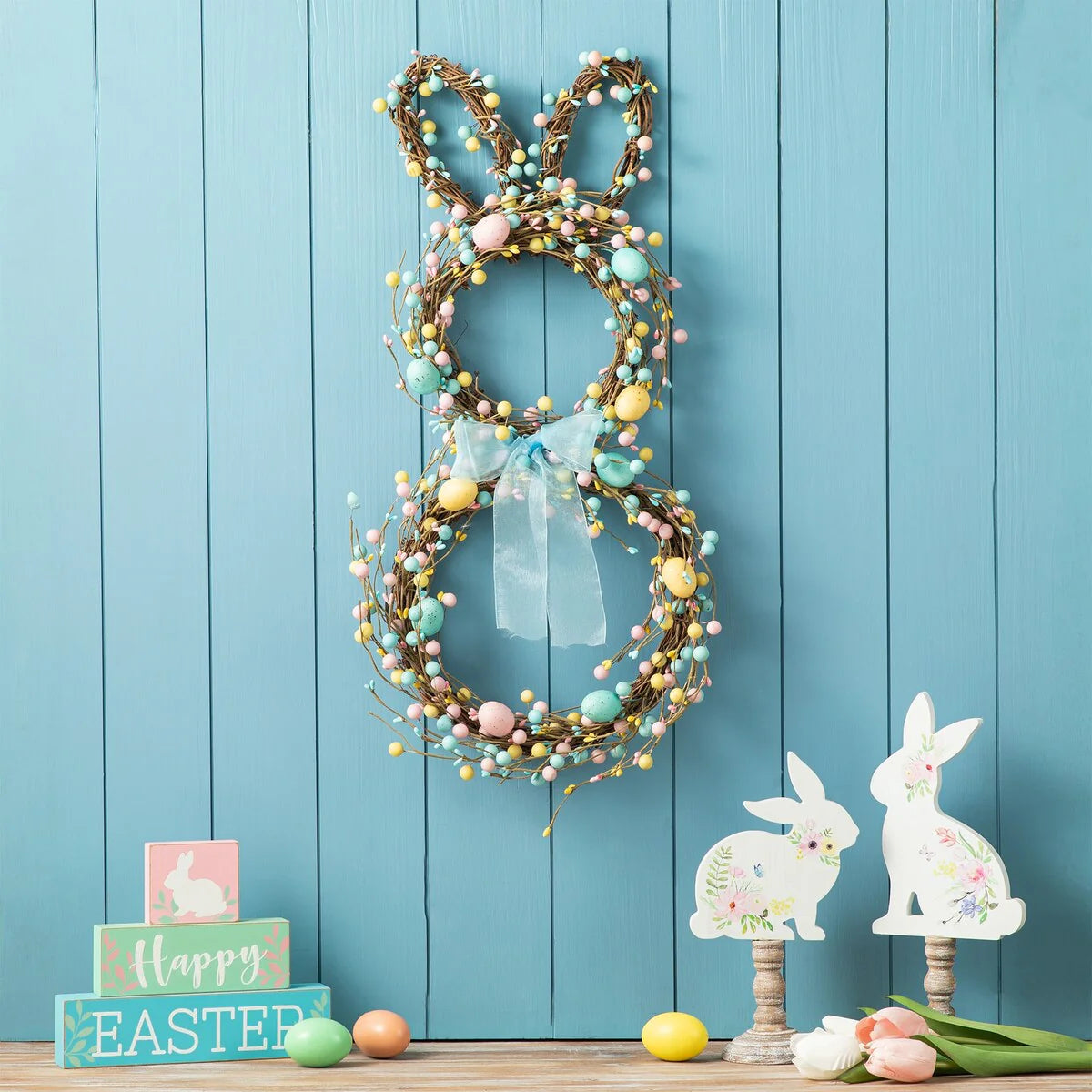 Glitzhome 24.5"H Easter Spring Bunny Shaped Eggs Wreath with Satin Ribbon Bow for Front Door Wall Decor