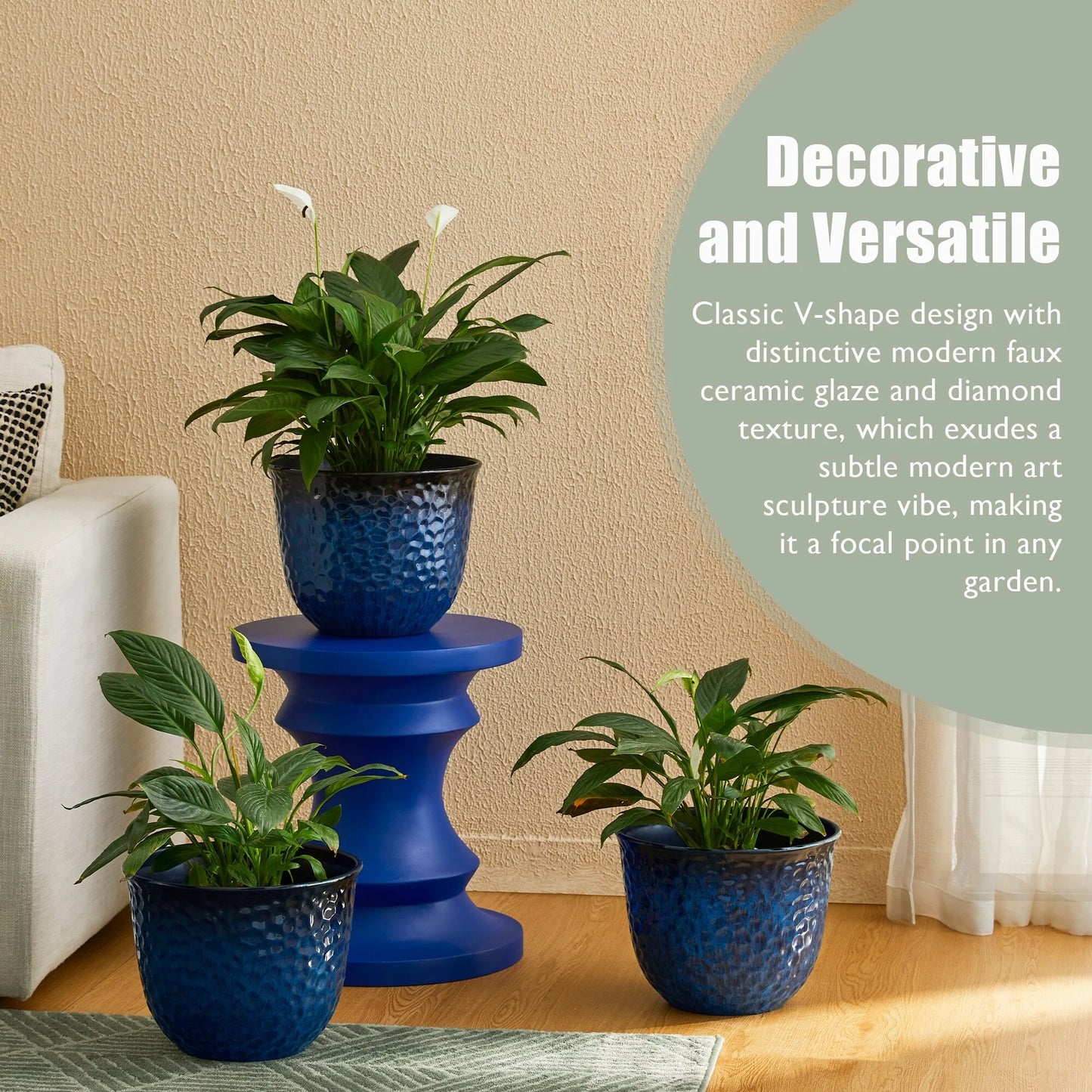 Glitzhome Honeycomb Textured Blue Green Faux Ceramic Pot Plastic Planter(Set of 2 / Set of 3)