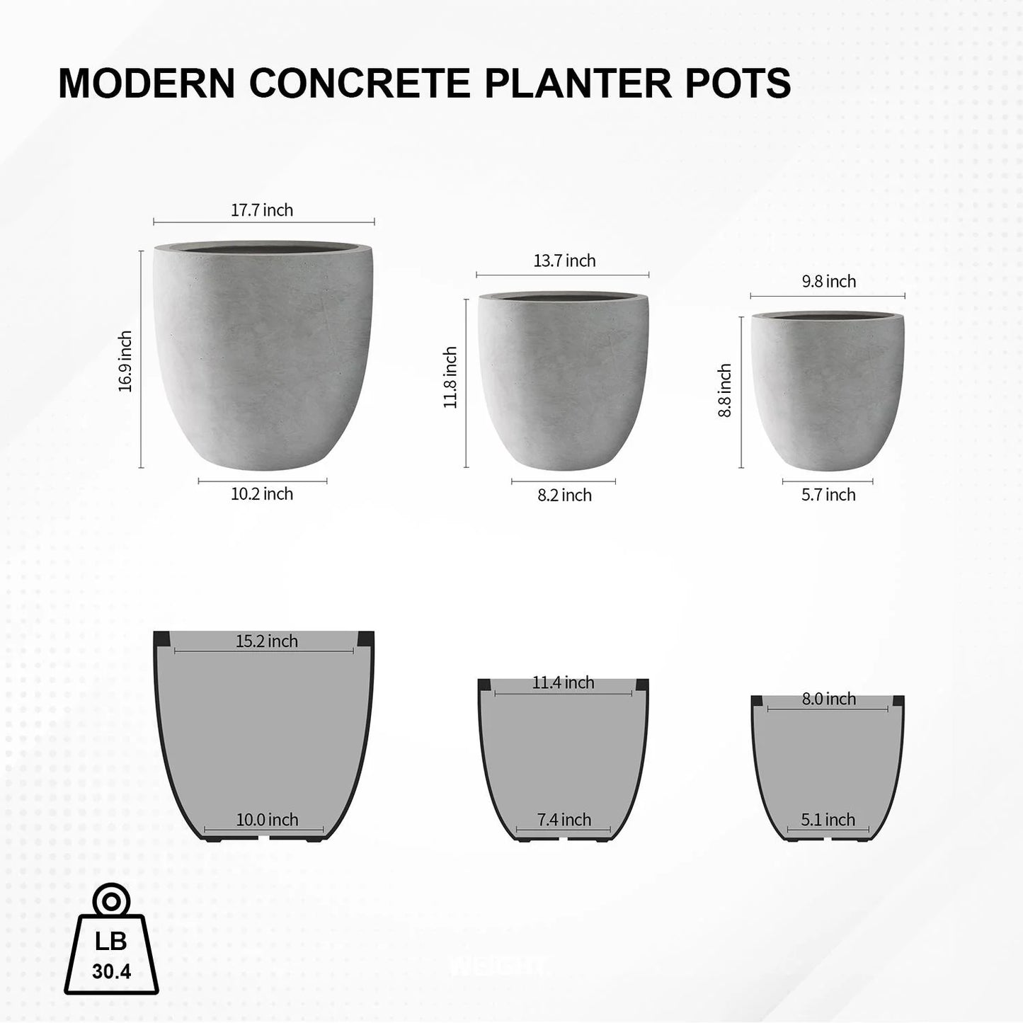Kante Large Concrete Round Planters (Set of 3), Outdoor/Indoor, Modern, Lightweight, Weather Resistant (Slate Gray)