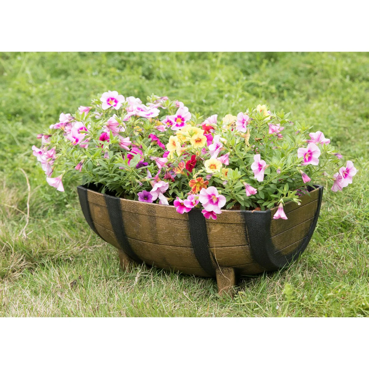 Gardenised 2-Piece Rectangular Half Barrel Flower Pots Rustic Farmhouse Style Faux Wood Planter Containers for Indoor & Outdoor