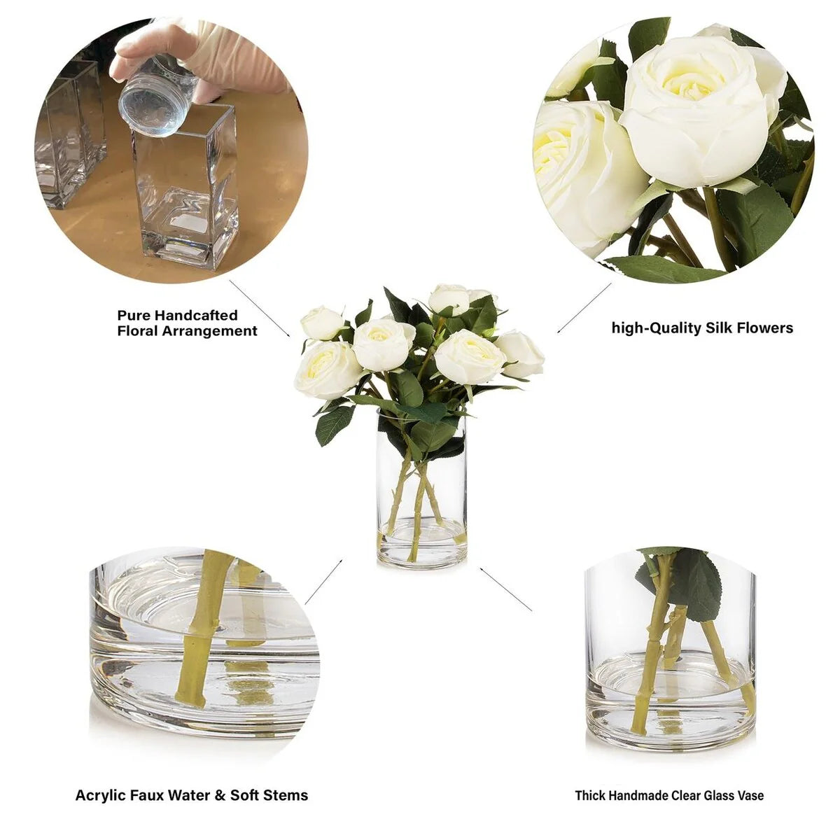 Enova Home Artificial Silk Rose Flowers in Clear Glass Vase with Faux Water for Home Office Wedding Decoration - N/A