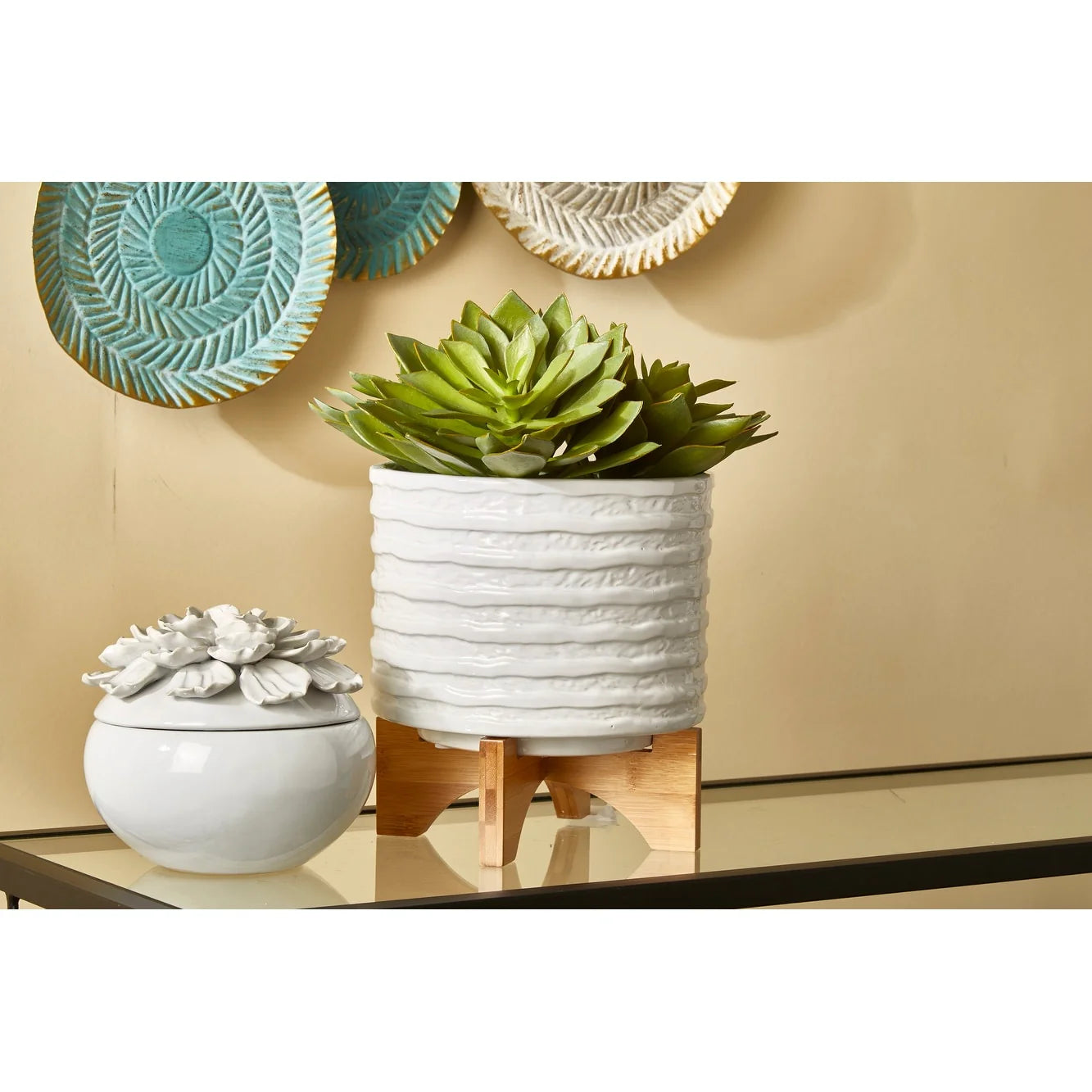 Sagebrook Home Modern Textured Ceramic Planter with Stand Indoor Outdoor