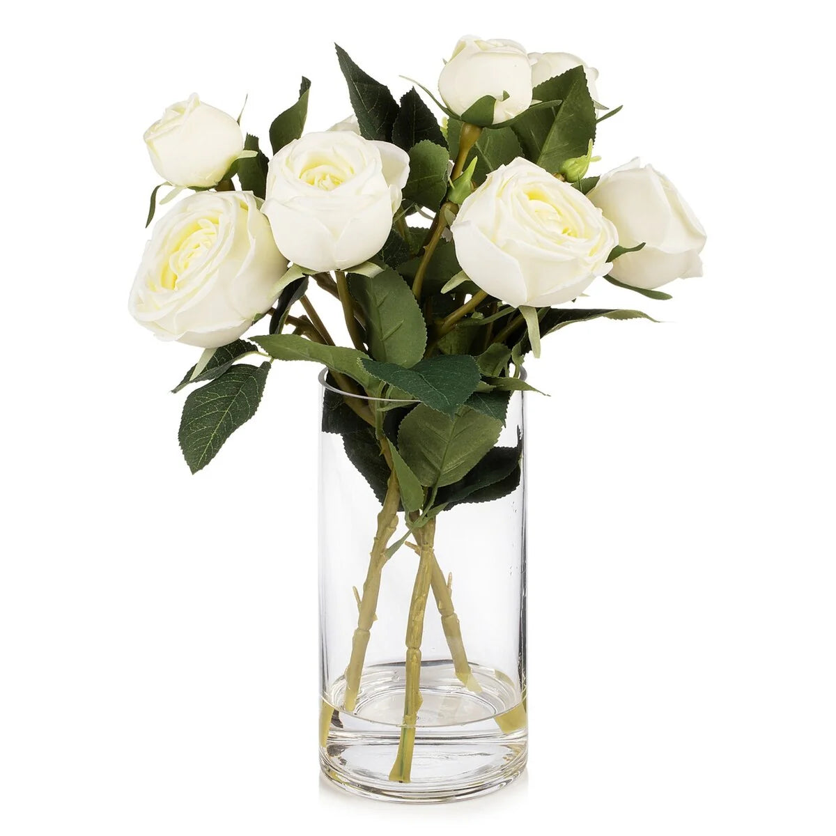 Enova Home Artificial Silk Rose Flowers in Clear Glass Vase with Faux Water for Home Office Wedding Decoration - N/A