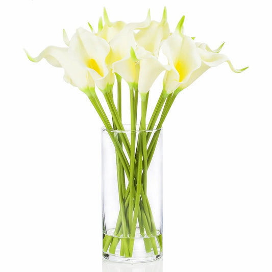 Enova Home Artificial Real Touch Calla Lily Fake Silk Flowers Arrangement in Clear Glass Vase with Faux Water for Decoration
