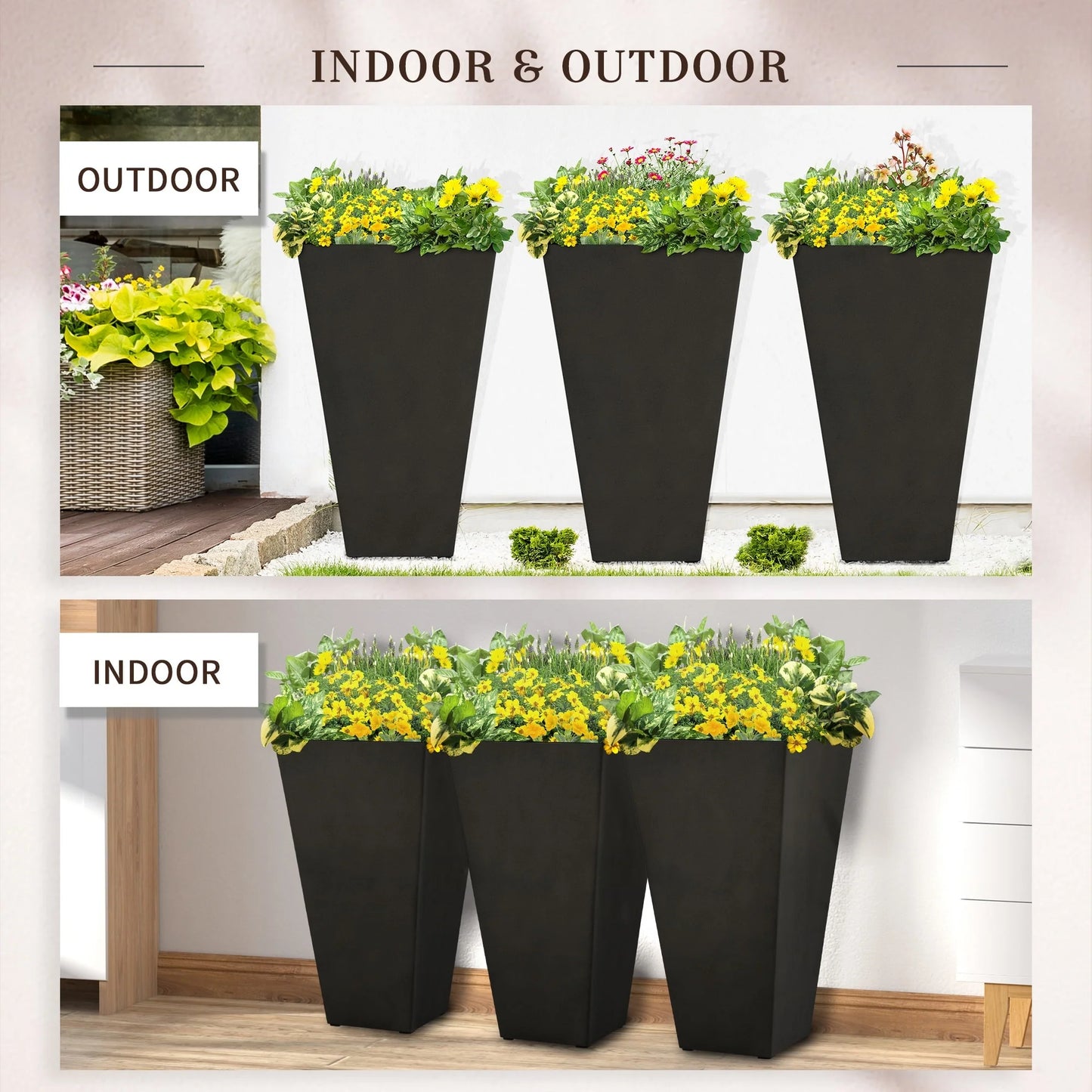 Outsunny 28" Tall Plastic Flower Pot, Set of 3, Large Outdoor & Indoor Plastic Garden Planters, for Entryway, Patio, Yard