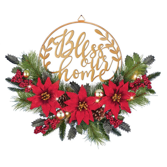 Bless our Home Gold-Tone Metal Door Wreath with Poinsettias - 21 x 15 x 6