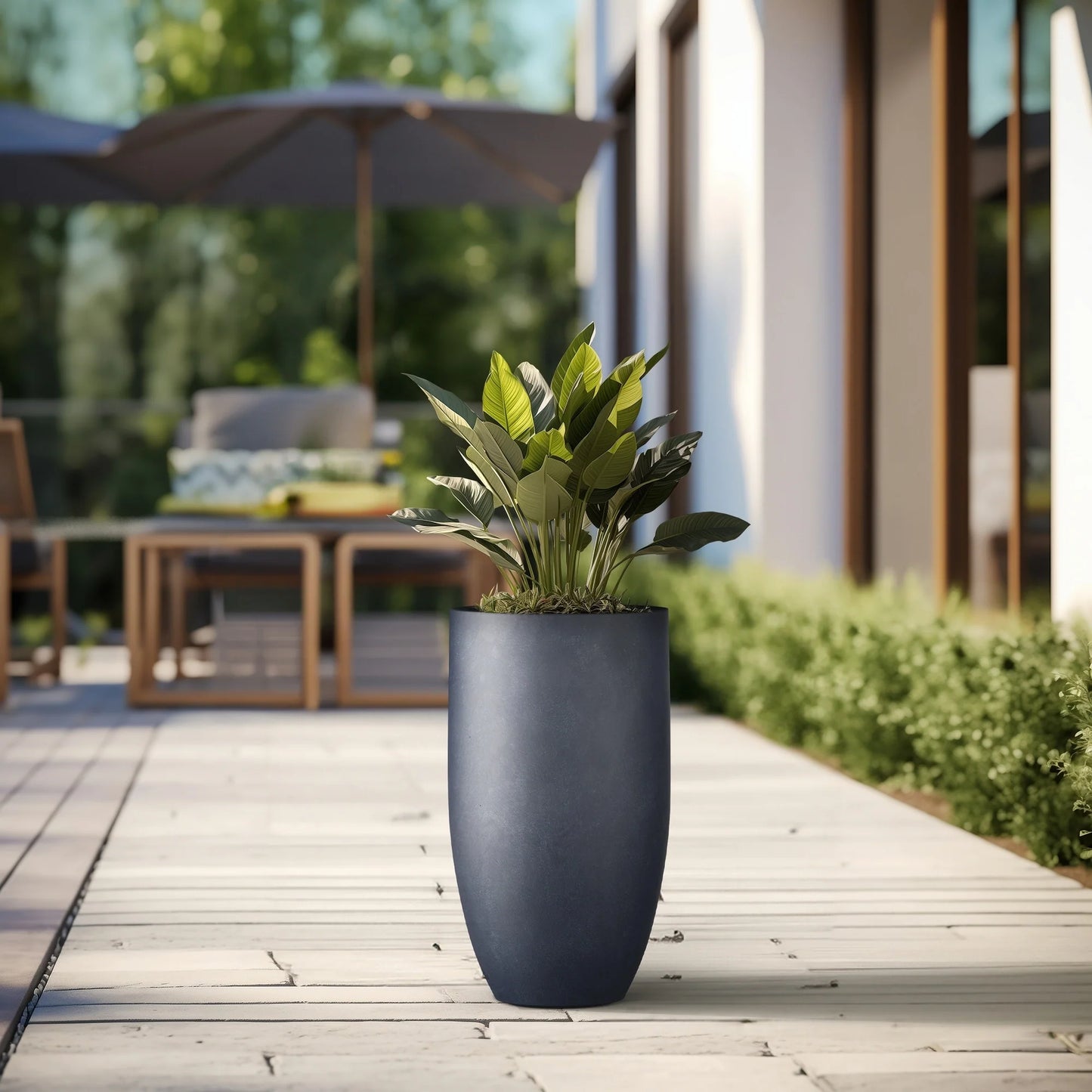 Textured Granite Gray Tall Concrete Round Plant Pots / Large Indoor and Outdoor flower Planters (13.5 Inch x 24.5 Inch)